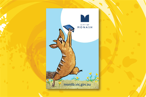bilby holding a book up happily with the City of Monash logo