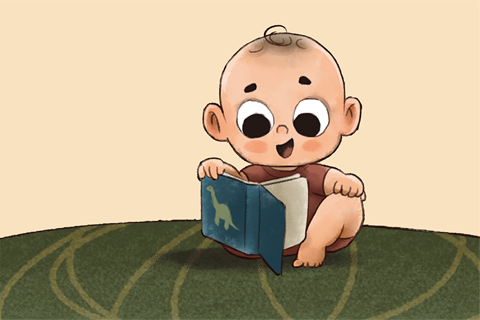 an illustration of a baby sitting on a rug reading a book