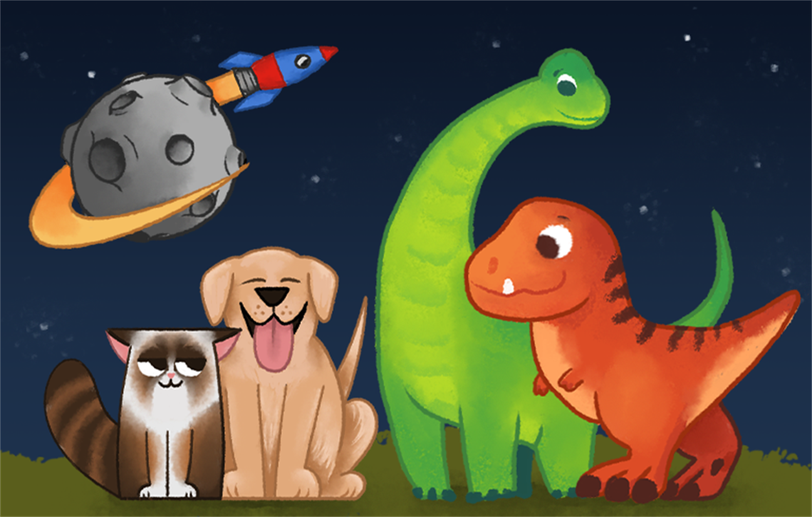 dinosaurs, a cat and a dog against a night sky with a rocket flying around the moon