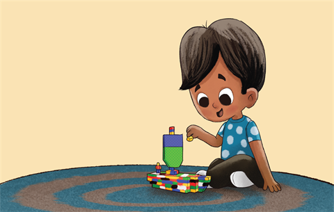 illustration of a boy sitting on a rug on the floor building with Lego