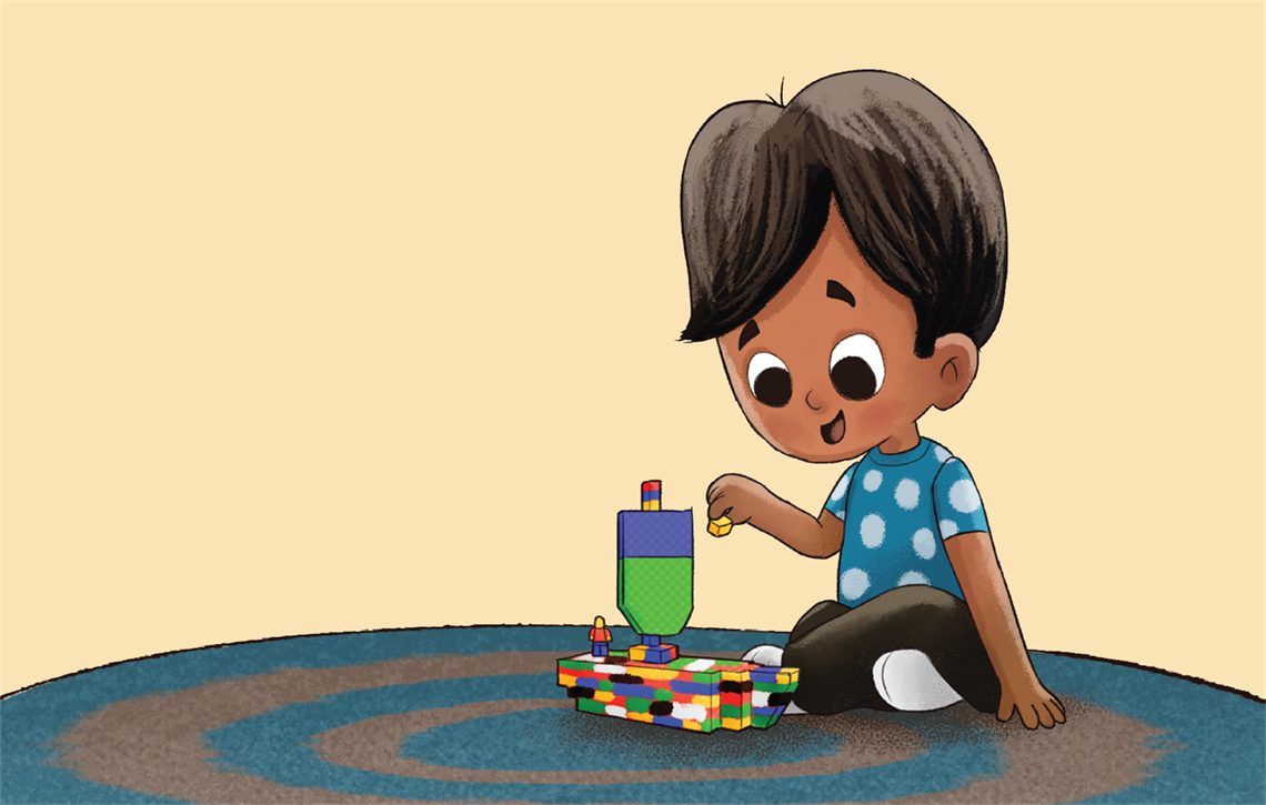 illustration of a boy sitting on a rug on the floor building with Lego