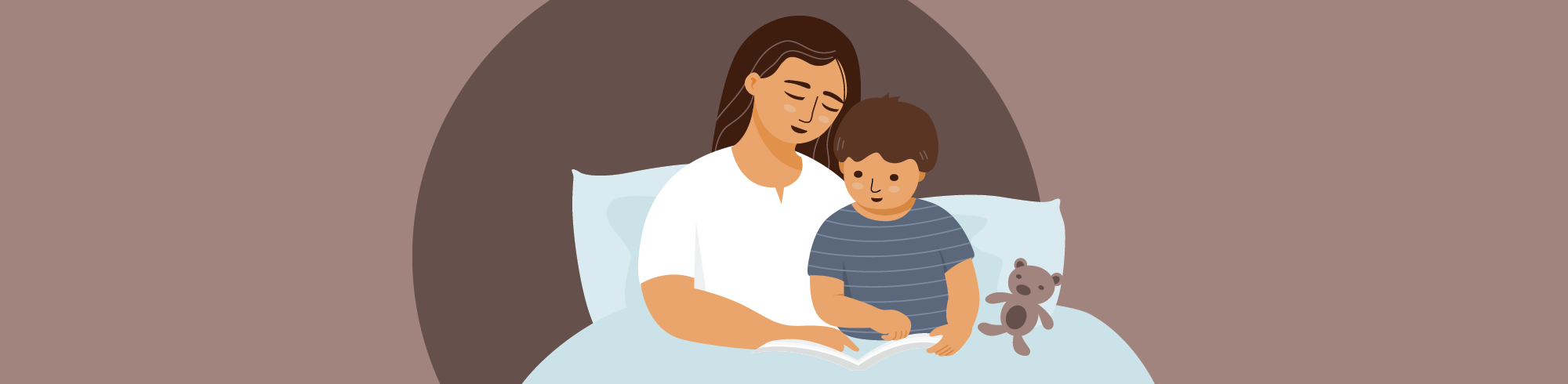 illustration of a woman and a child reading a book together in bed
