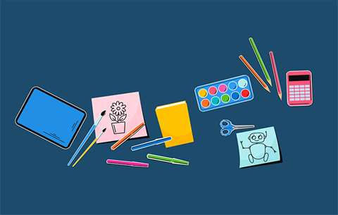 an illustration of some paint, pencils, paper, scissors and a calculator