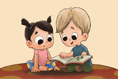 an illustration of a boy and a girl sitting on a rug reading a book together