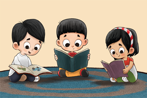 an illustration of three culturally diverse children siting on a rug reading books