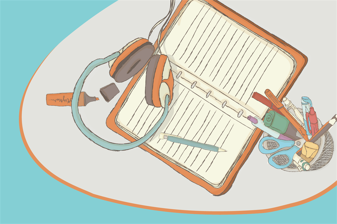 an illustration of a notebook, open on a table, with pens and pencils and a pair of headphones