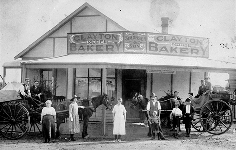 a historical black and white photo of clayton bakery