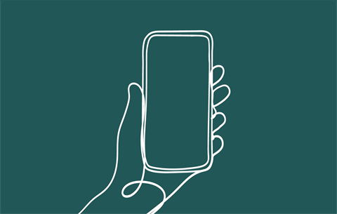illustration of a hand holding a phone, white line drawn against a dark teal background