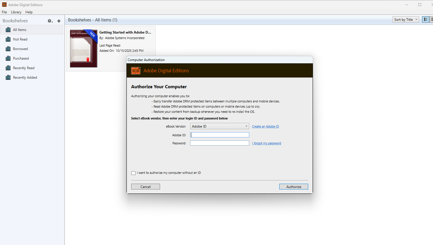 adobe digital editions authorise screen shot