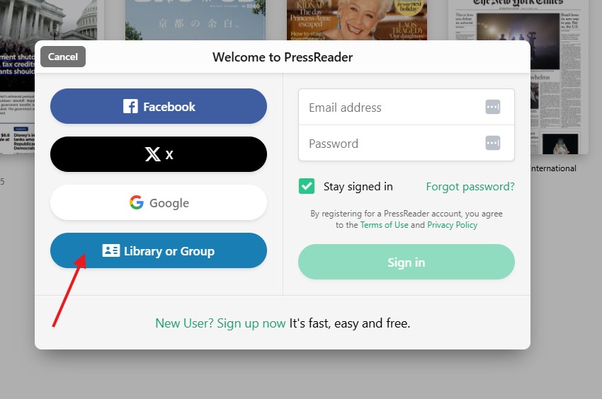 PressReader sign in page