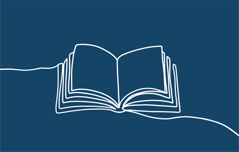 illustration of an open book, white line drawn on a blue background
