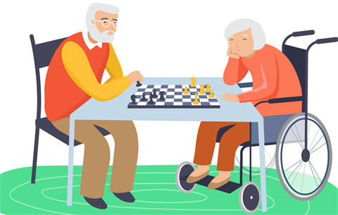 an illustration of an elderly man and woman playing chess (the woman in a wheelchair)