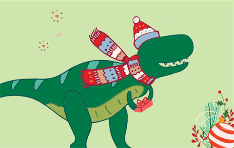 an illustration of a dinosaur wearing a Christmas hat  and scarf