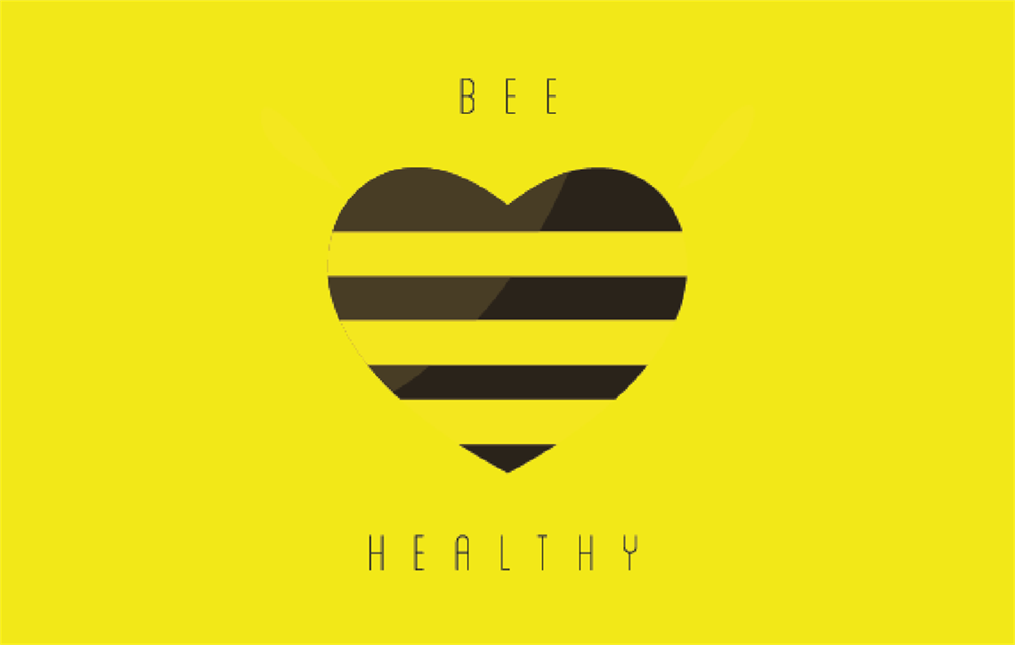illustration of a black striped love heart on a yellow background with the text Bee Healthy