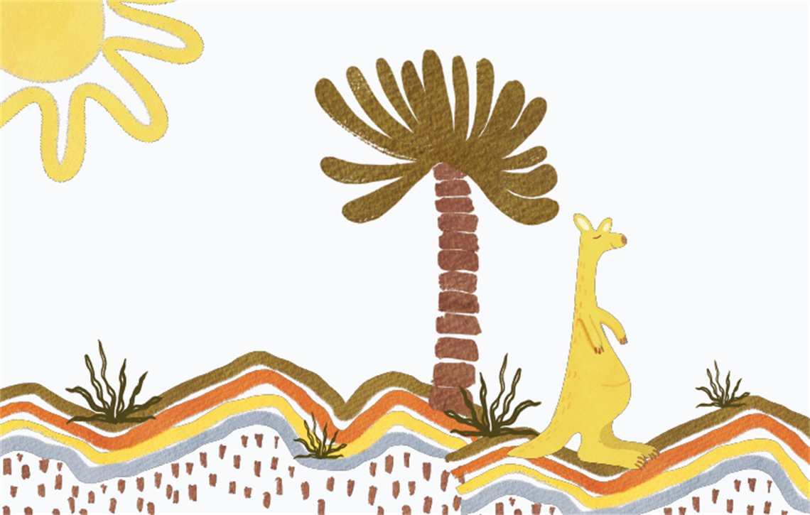 a kangaroo standing under a palm tree