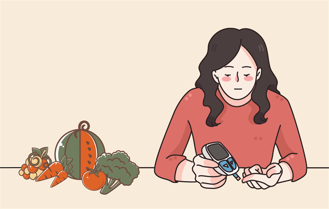 woman testing her blood sugar next to some vegetables