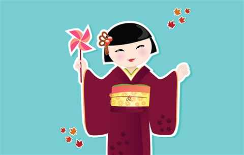 illustration of a girl dressed in a kimono holding a windmill
