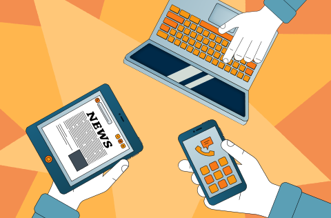 an illustration of hands holding a tablet, a phone and a laptop against an orange background 