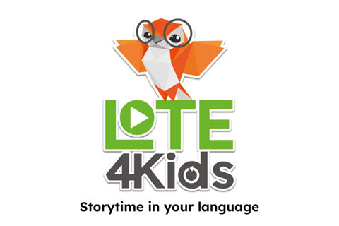 LOTE4Kids Storytime in your language in text with an own wearing glasses sitting in top