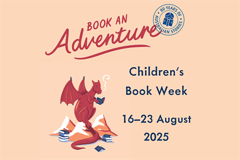 book an adventure children's book week 16-23 august 2025 with an illustration of a dragon reading books