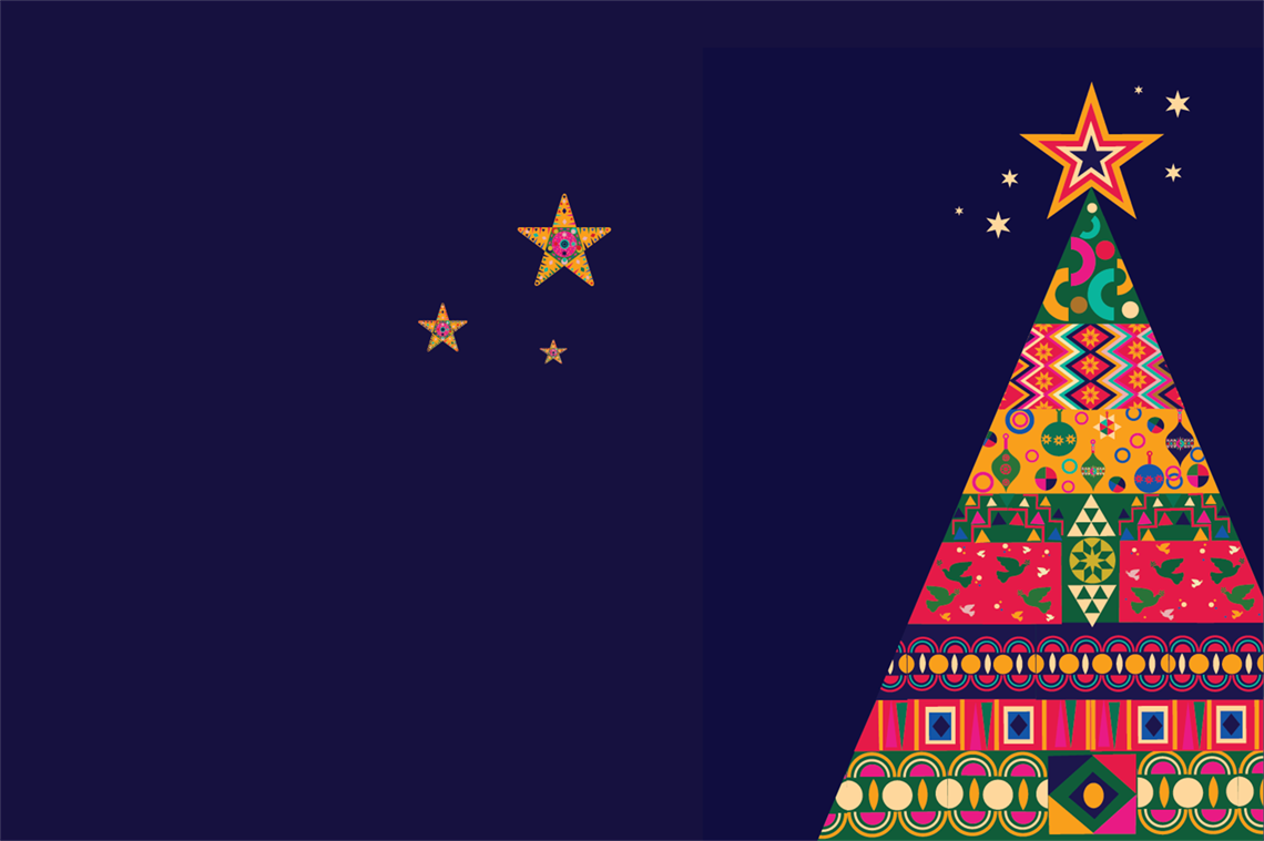 illustration of a stylised christmas tree with a star at the top and three stars to the left