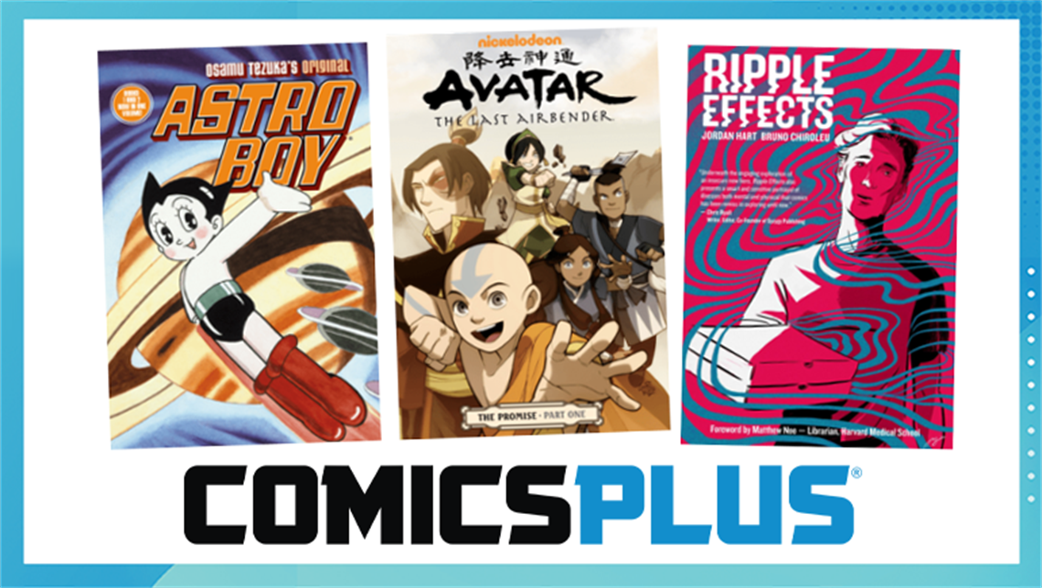 three covers of comics and the comics plus logo
