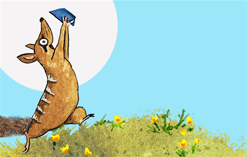 an illustration of a numbat holding a book above its head