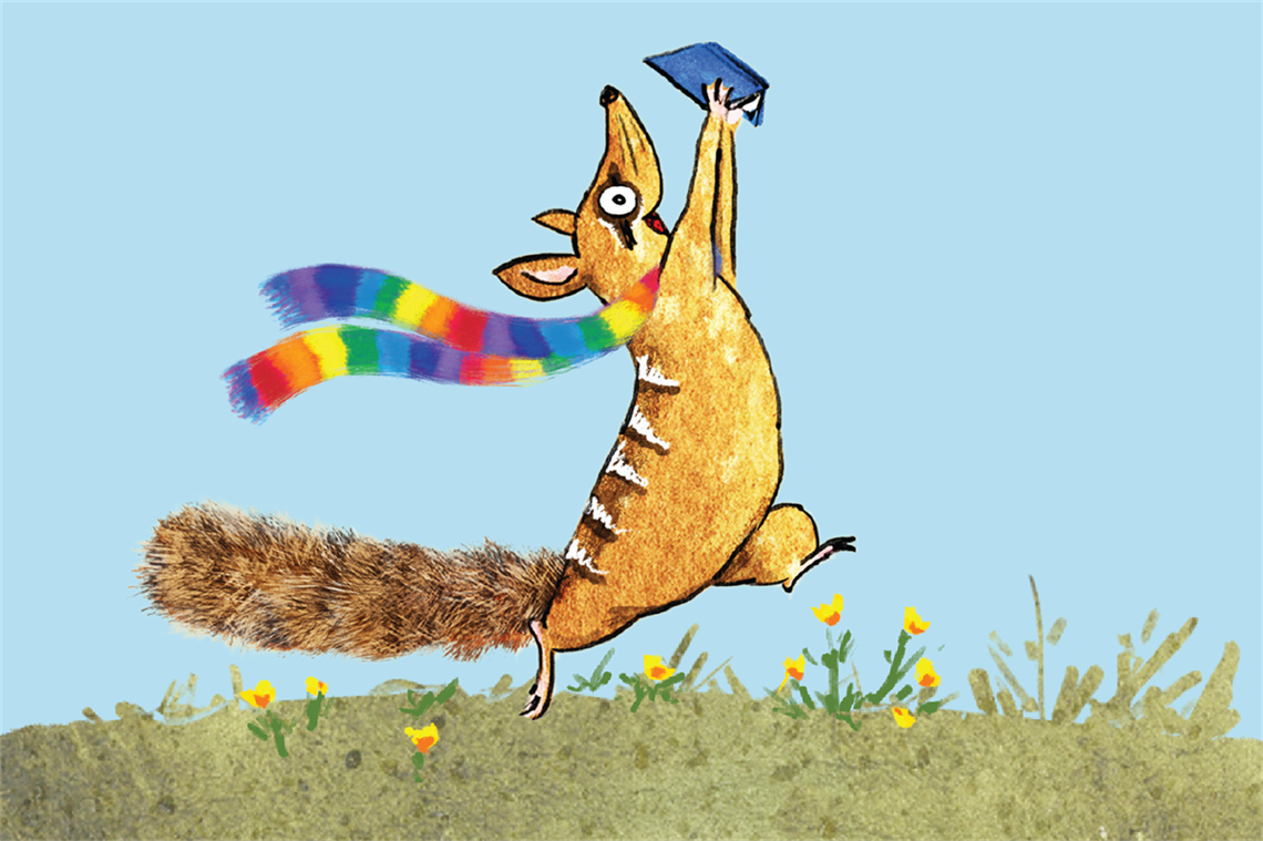 illustration of a numbat wearing a rainbow scarf and holding a book up in the air looking joyful