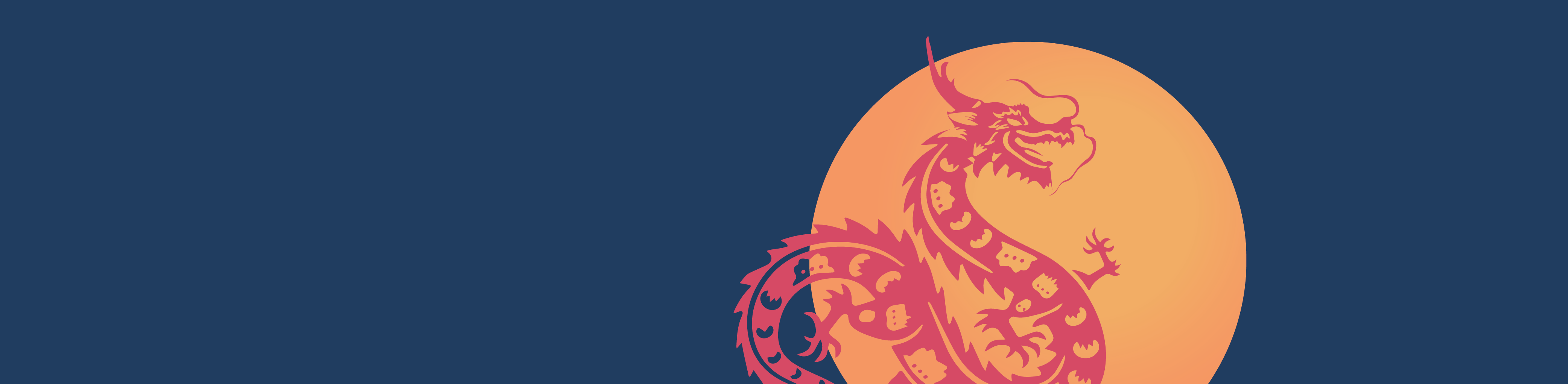 illustration of a red dragon in front of an orange moon against a blue background