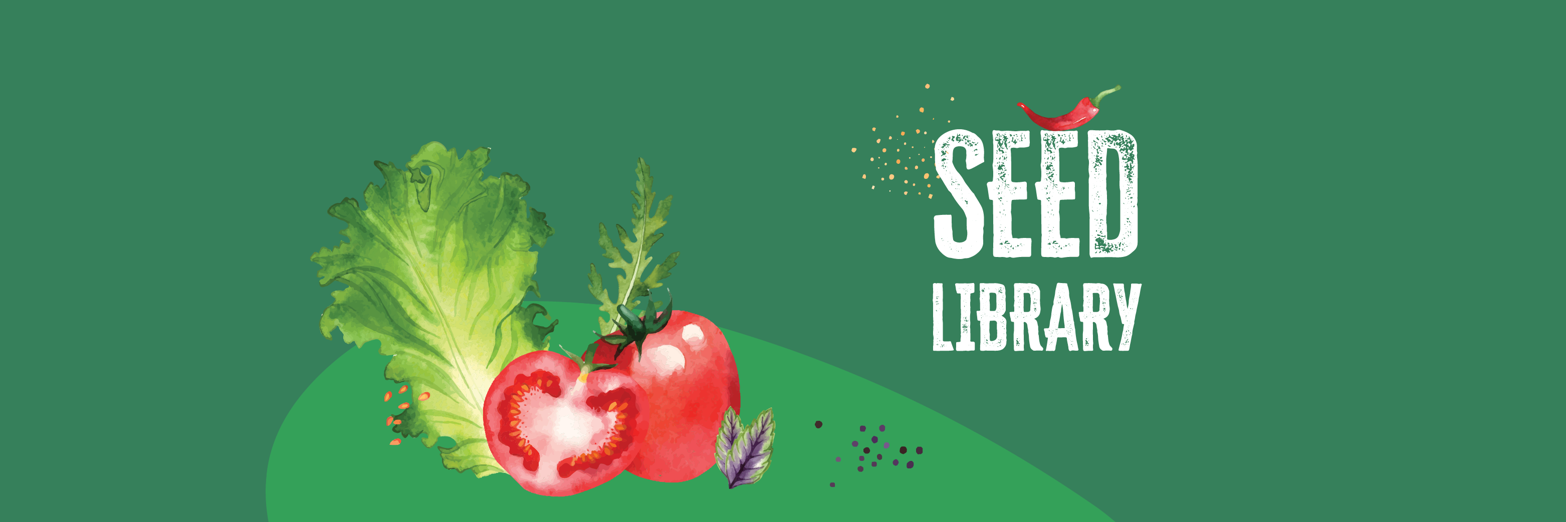Seed library with an ilustration of a tomato and some lettuce leaves