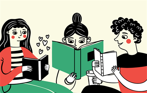 an illustration of three people holding books 