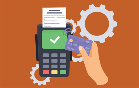 illustration of an eftpos machine with a hand holding a card next to it against a background of cogs