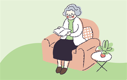 an illustration of an elderly woman reading a book in an armchair