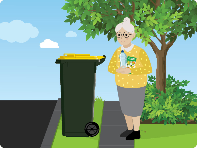 Woman standing next to a recycle bin with lid closed
